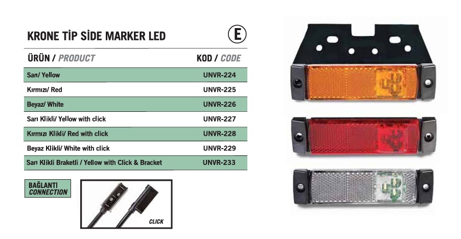 KRONE TIP SIDE MARKER 3 LED SARI BRAKETLI KLICKLI